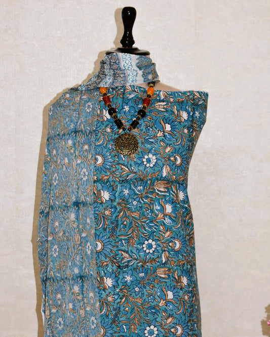 Blue Floral Hand Block Printed Cotton Suit With Pure Chiffon Dupatta