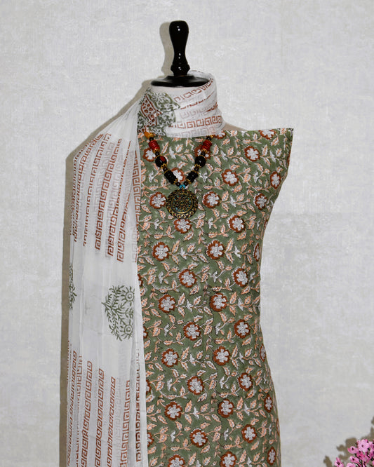 Hand Block Printed Cotton Suit With Pure Chiffon Dupatta