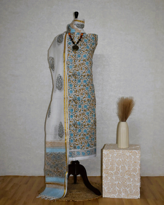 All-over Hand Block Printed Cotton Suit With Kota Doria Dupatta