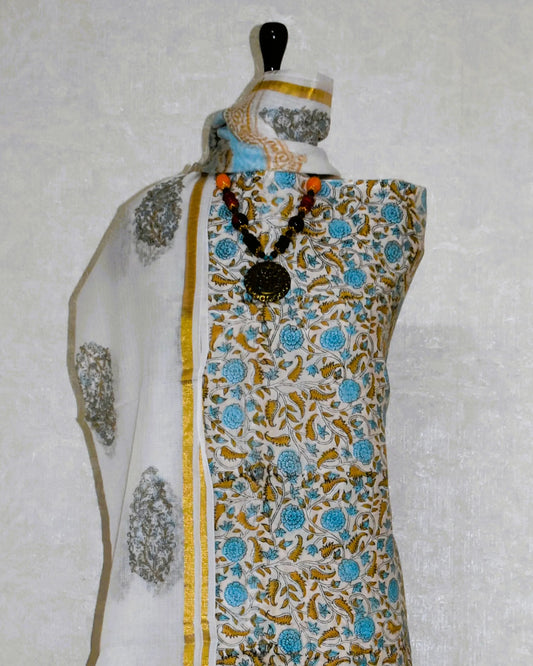All-over Hand Block Printed Cotton Suit With Kota Doria Dupatta