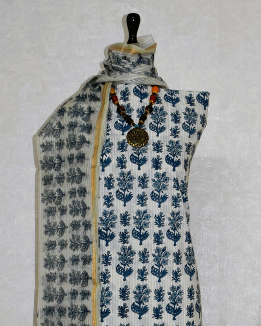 Blue Linear Hand Block Printed Cotton Suit With Kota Doria Dupatta