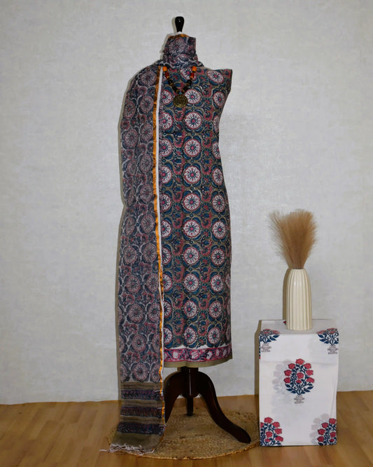 All-over Floral Hand Block Printed Cotton Suit With Kota Doria Dupatta