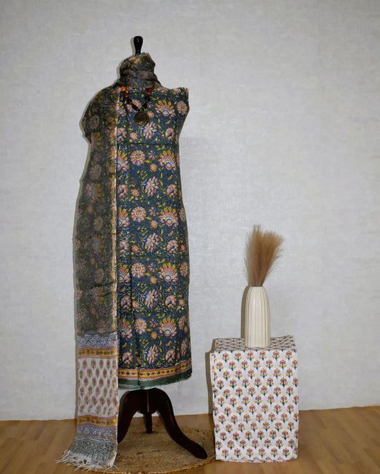 All-over Floral Hand Block Printed Cotton Suit With Kota Doria Dupatta