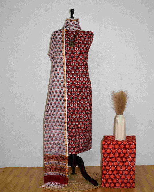 All-over Floral Buti Hand Block Printed Cotton Suit With Kota Doria Dupatta