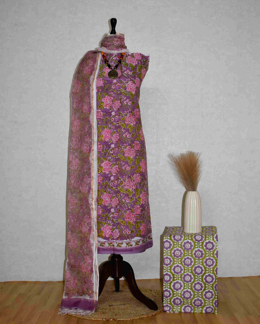All-over Hand Block Printed Cotton Suit With Kota Doria Dupatta