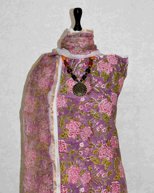 All-over Hand Block Printed Cotton Suit With Kota Doria Dupatta