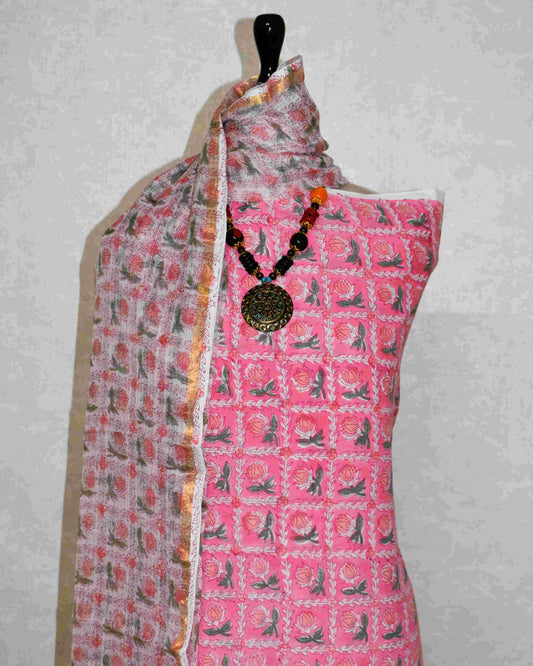 Chequered Pink Floral Hand Block Printed Cotton Suit With Kota Doria Dupatta