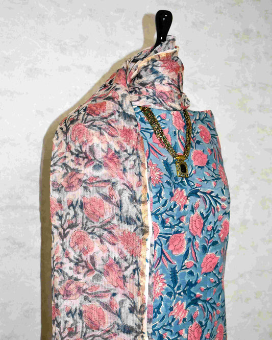 Blue All-over Floral Hand Block Printed Cotton Suit With Kota Doria Dupatta