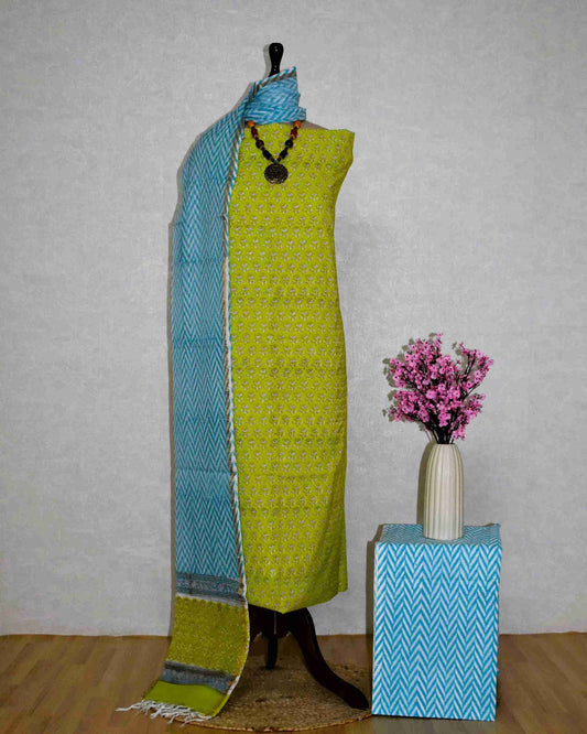 Hand Block Printed Cotton Suit With Kota Doria Dupatta
