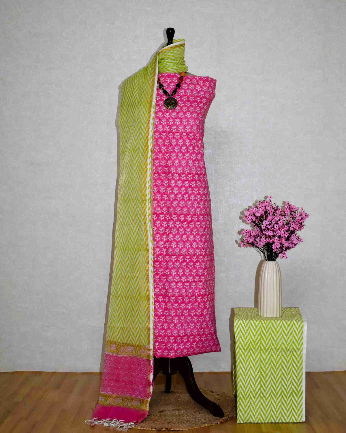 Bright Pink Hand Block Printed Cotton Suit With Kota Doria Dupatta