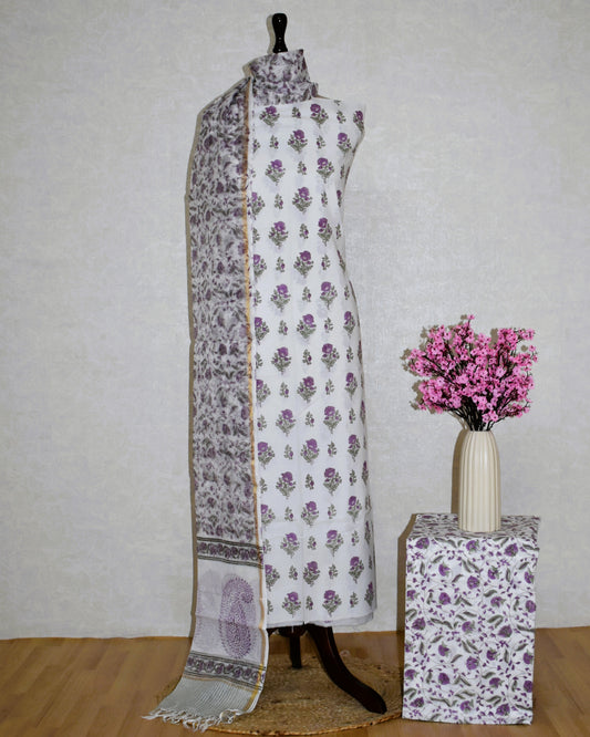 Purple Floral Hand Block Printed Cotton Suit With Kota Doria Dupatta
