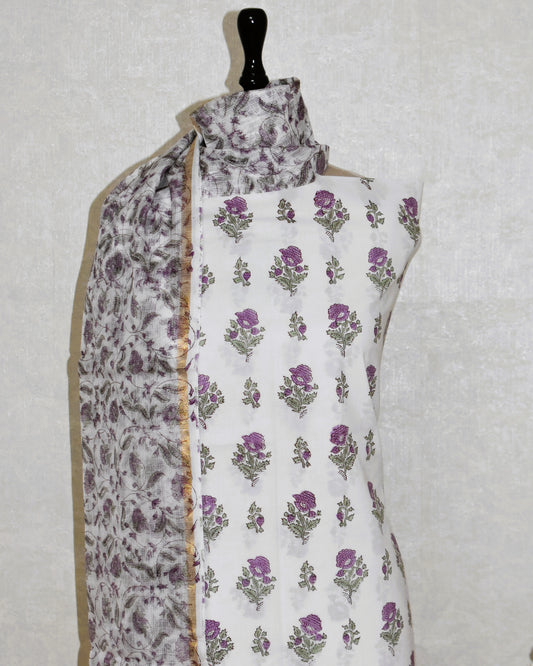 Purple Floral Hand Block Printed Cotton Suit With Kota Doria Dupatta