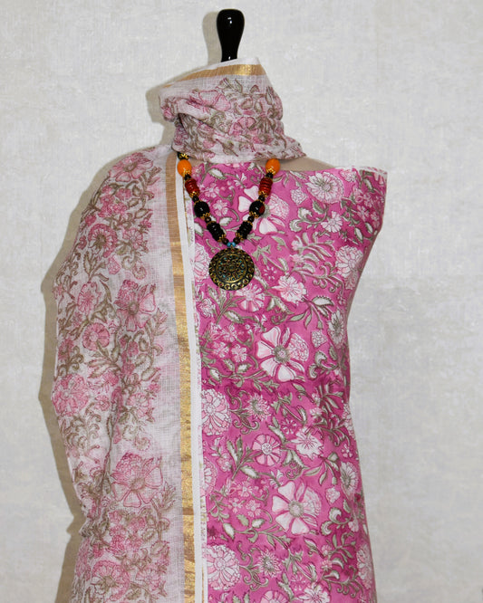 Hand Block Printed Cotton Suit With All-over jaal and Kota Doria Dupatta
