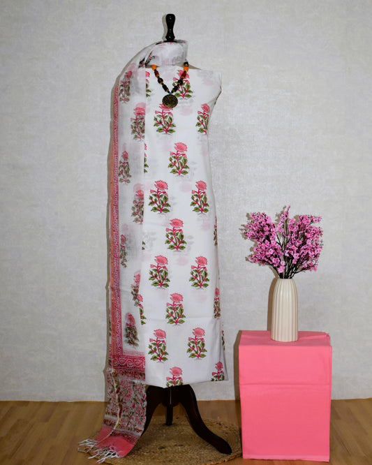 Pink Floral Hand Block Printed Cotton Suit With Kota Doria Dupatta