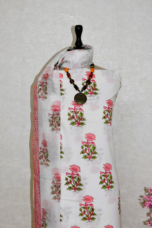 Pink Floral Hand Block Printed Cotton Suit With Kota Doria Dupatta