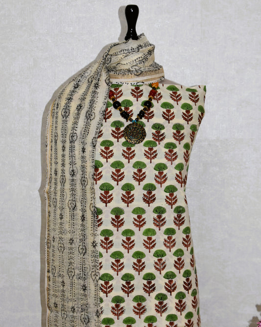 Hand Block Printed Cotton Suit With All-over Buti and Kota Doria Dupatta