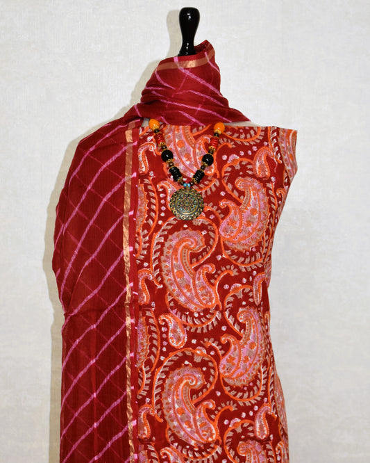 Red Paisley Hand Block Printed Cotton Suit with Kota Doria Leheriya Dupatta