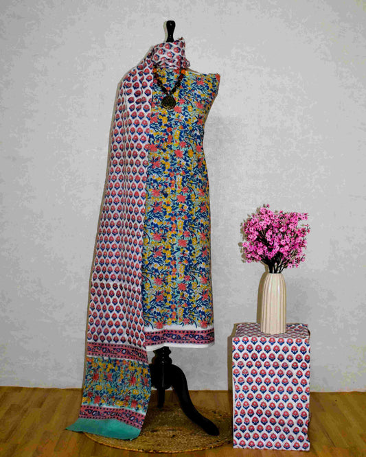 Multicolour Floral All-over Hand Block Printed Cotton Suit with Malmal Dupatta