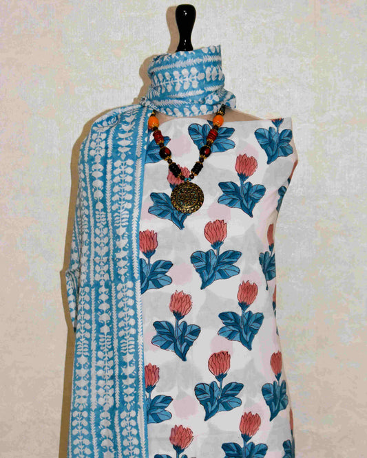 Blue Floral contemporary Hand Block Printed Cotton Suit with Malmal Dupatta