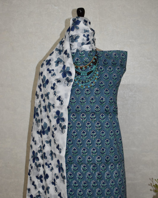 Blue All-over Floral Buti Hand Block Printed Cotton Suit with Malmal Dupatta