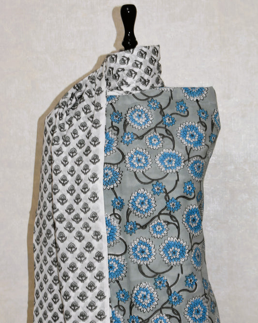Hand Block Printed Cotton Suit with All-over Jaal Design and Malmal Dupatta