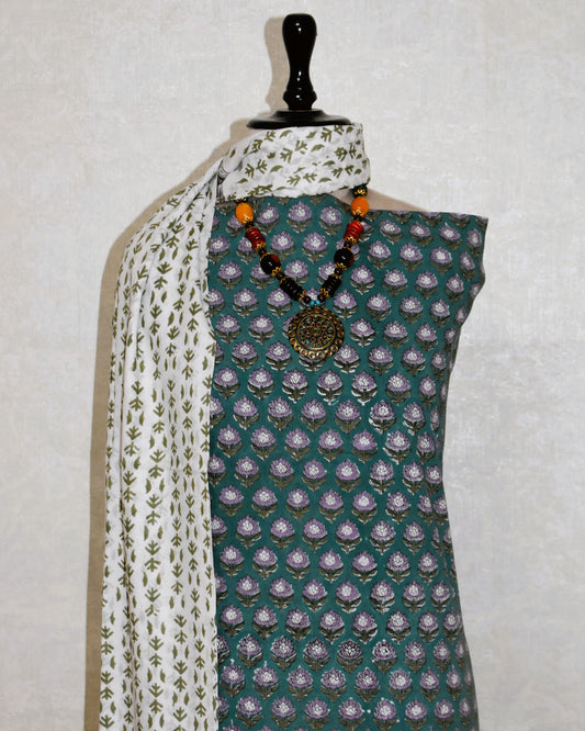 Hand Block Printed Cotton Suit with All-over Floral Buti and Malmal Dupatta