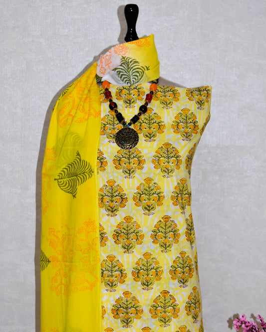 Hand Block Printed Cotton Suit with All-over Floral Buti and Malmal Dupatta