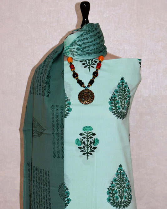Hand Block Printed Cotton Suit with Mint Green Floral Buti and Malmal Dupatta
