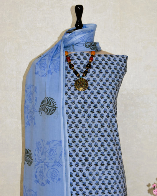 Hand Block Printed Cotton Suit with All-over Floral Buti and Malmal Dupatta
