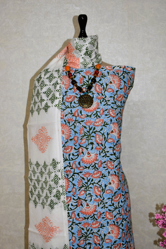 All-over Jaal Hand Block Printed Cotton Suit With Malmal Dupatta
