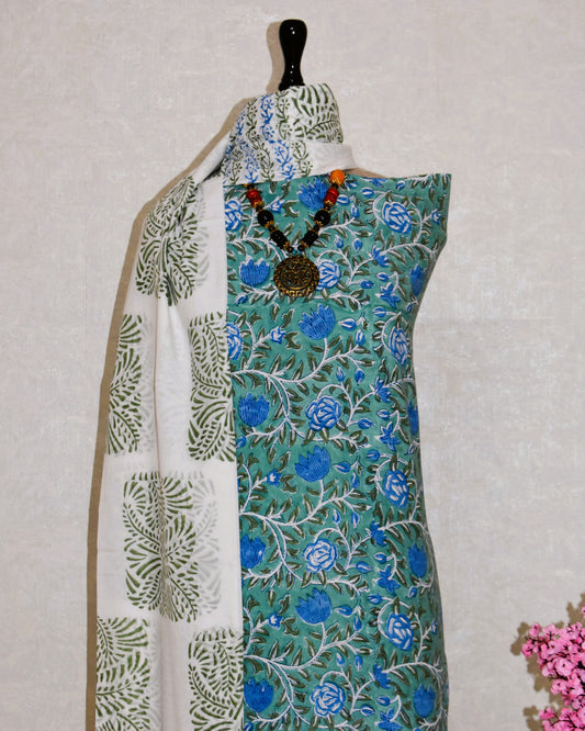 All-over Hand Block Printed Cotton Suit With Malmal Dupatta