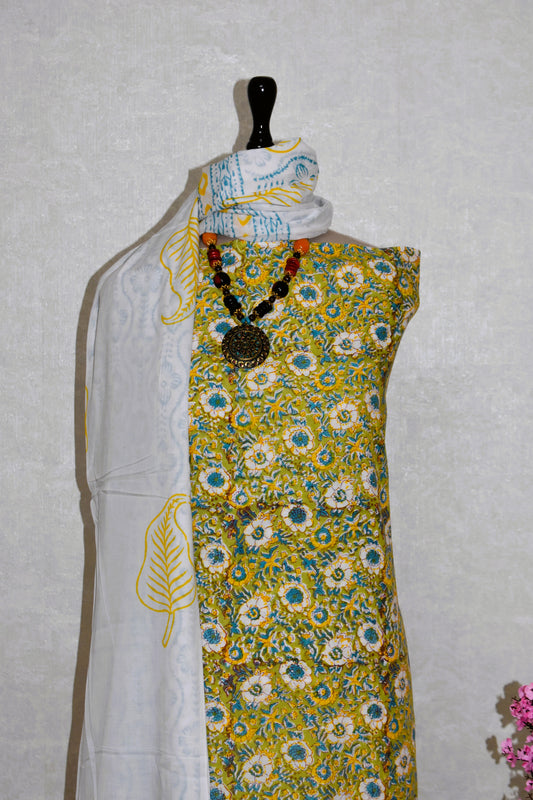 All-over Hand Block Printed Cotton Suit With Malmal Dupatta
