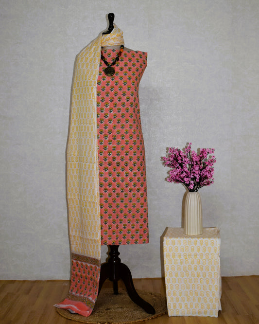 Small Floral Buti Hand Block Printed Cotton Suit With Malmal Dupatta