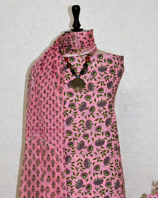 Pink Floral Jaipuri Printed Unstitched Cotton Suit Set