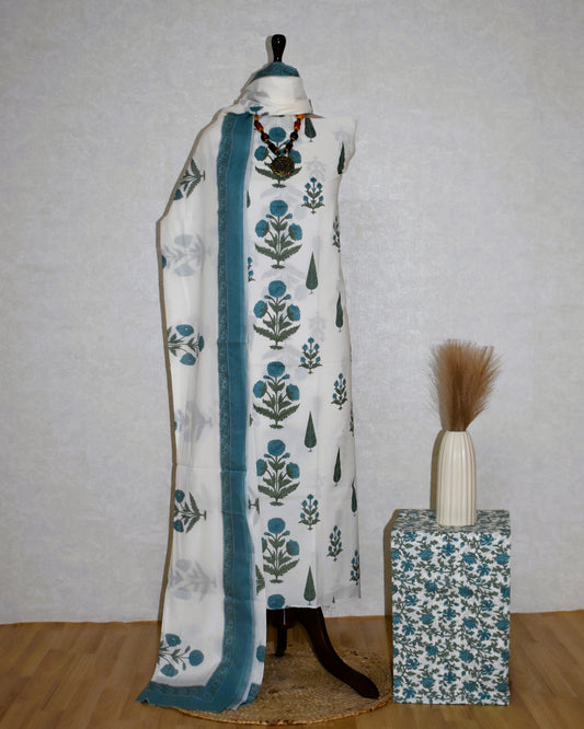 Blue Floral Jaipuri Printed Unstitched Cotton Suit Set
