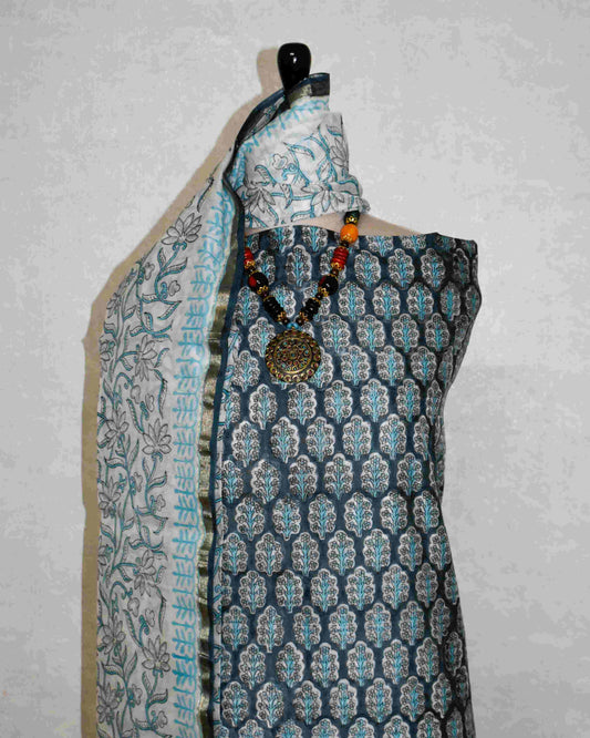 Chanderi Silk Suit with All-over Blue Floral Sanganeri Print