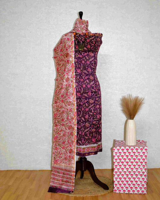 Berry maroon Chanderi Silk Suit with All-over Floral Jaal Sanganeri Print