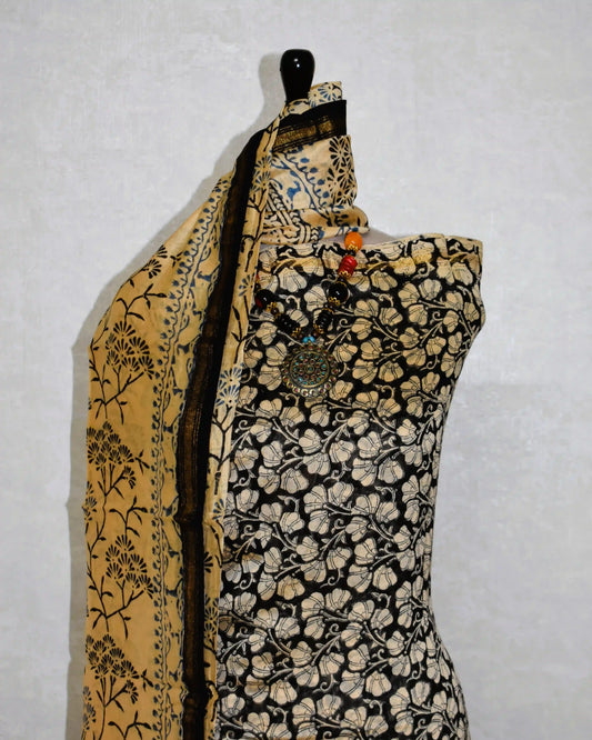 Timeless Black Chanderi Silk Suit with Floral Jaal Sanganeri Print