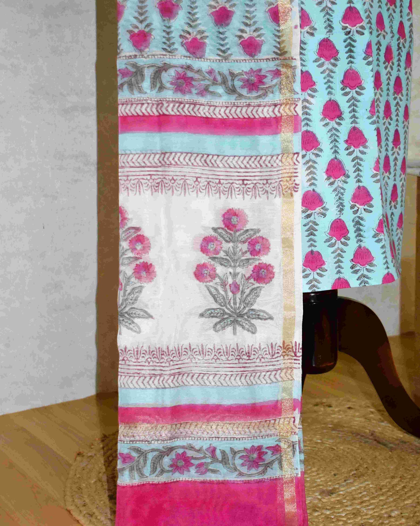 Hand Block Printed Premium Cotton Sky Blue with Pink Floral veils & Chanderi Silk Dupatta - Curated Edit