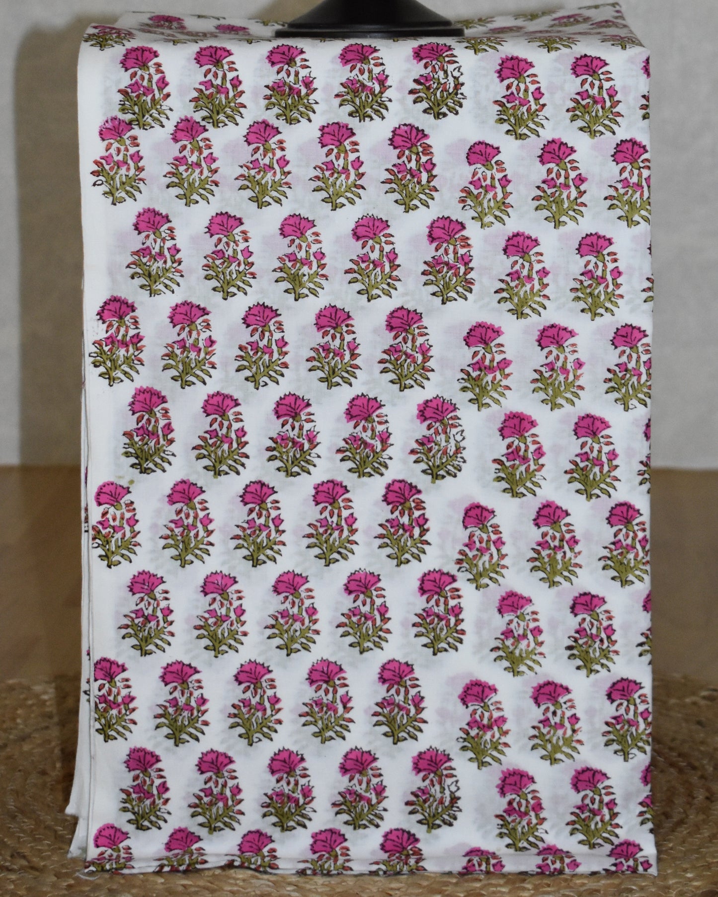 Hand Block Printed Premium Cotton Unstitched Suit with Pink Mughal Floral Buta & Kota Doria Dupatta