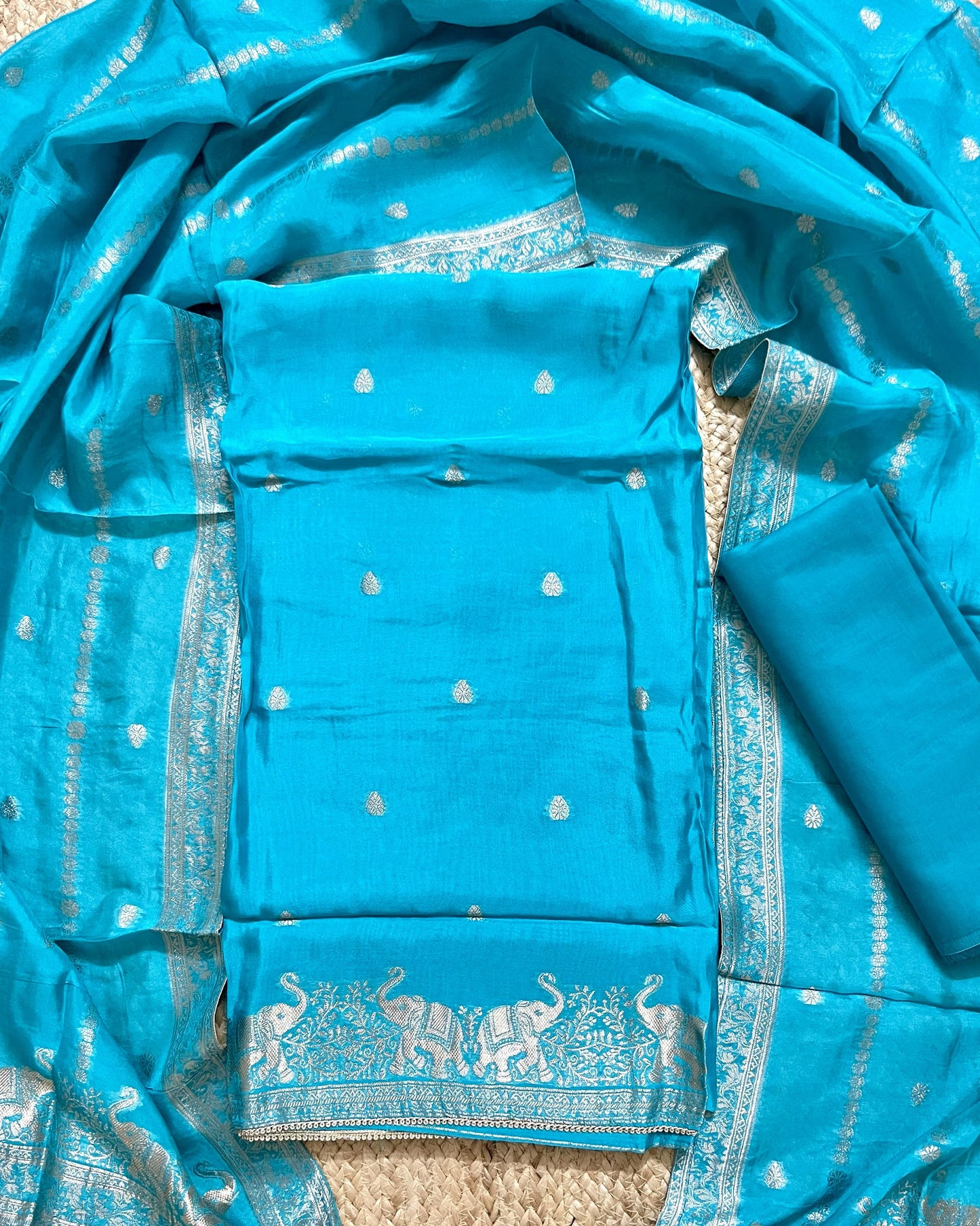 Premium Festive Woven Silk Jacquard Unstitched Suit Set - Ferozi