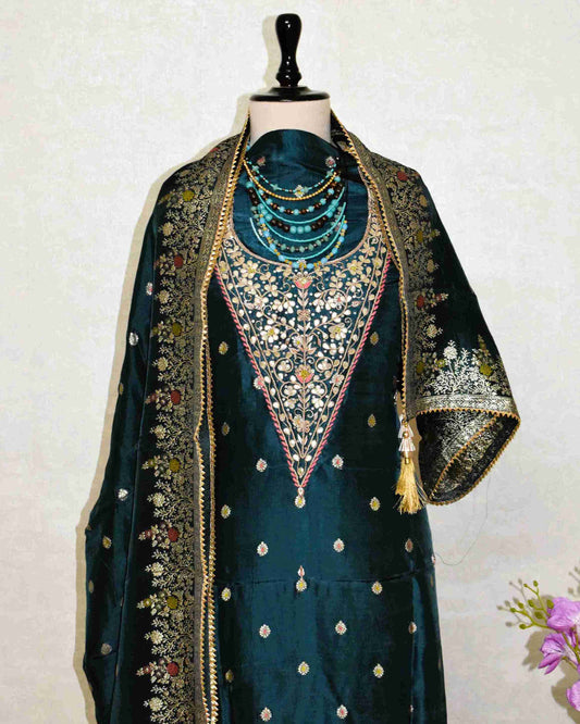 Blue-Grey Gaji Silk Gota Patti Suit Set with Dola Silk Dupatta