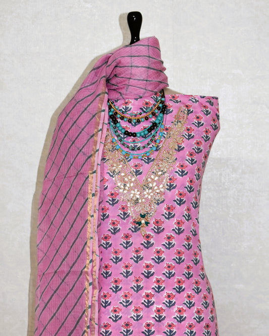 Hand Block Printed Cotton Suit with Gota Patti Hand Embroidery and Kota Doria Leheriya Dupatta