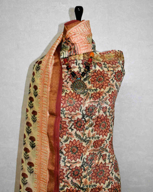 Red Sanganeri Floral Jaal print Maheshwari Silk Suit Set