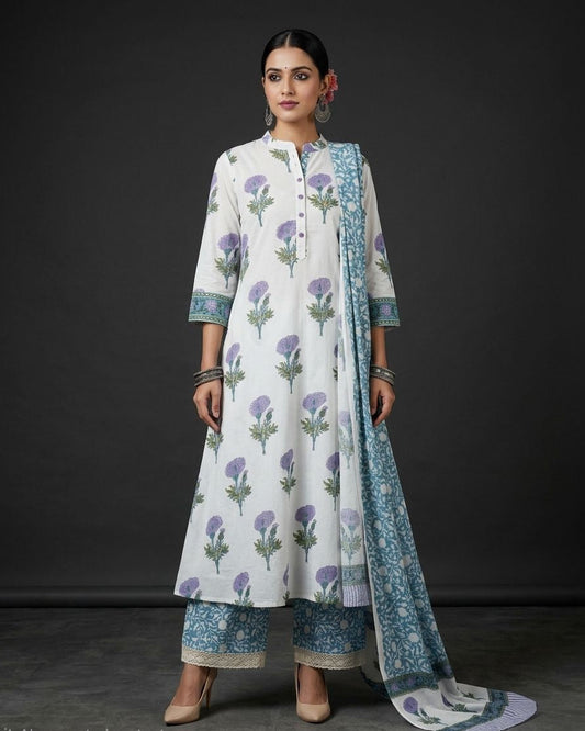 Lavender Floral Hand Block Printed Cotton Suit with Malmal Dupatta - Curated edit