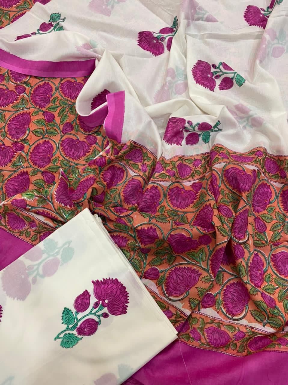 Hand Block Printed Premium Cotton Unstitched Suit with Magenta Floral veils & Chanderi Silk Dupatta - Curated Edit