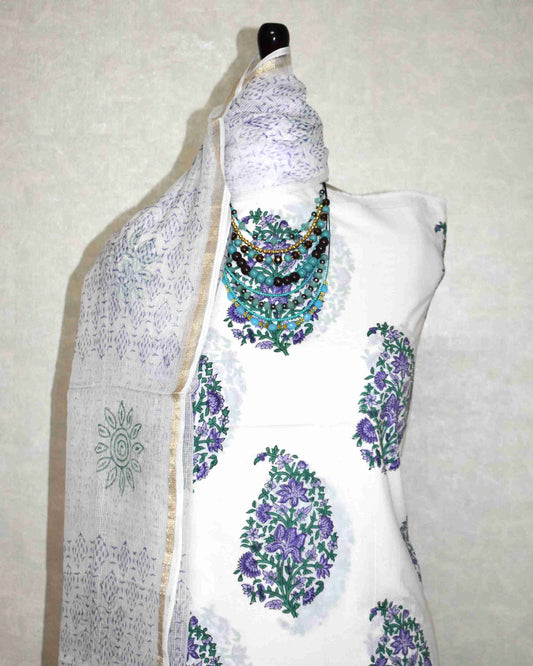 Floral Mughal Buta Hand Block Printed Cotton Suit With Kota Doria Dupatta