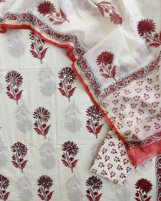 Hand Embroidered and Hand Block Printed Premium Cotton Unstitched Suit with Chanderi Silk Dupatta - Designer Edit