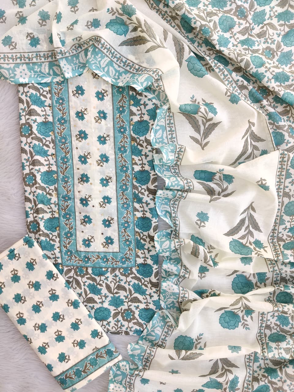 Teal Blue All-over Floral Hand Block Printed Cotton Suit with Neck Work and Malmal Dupatta