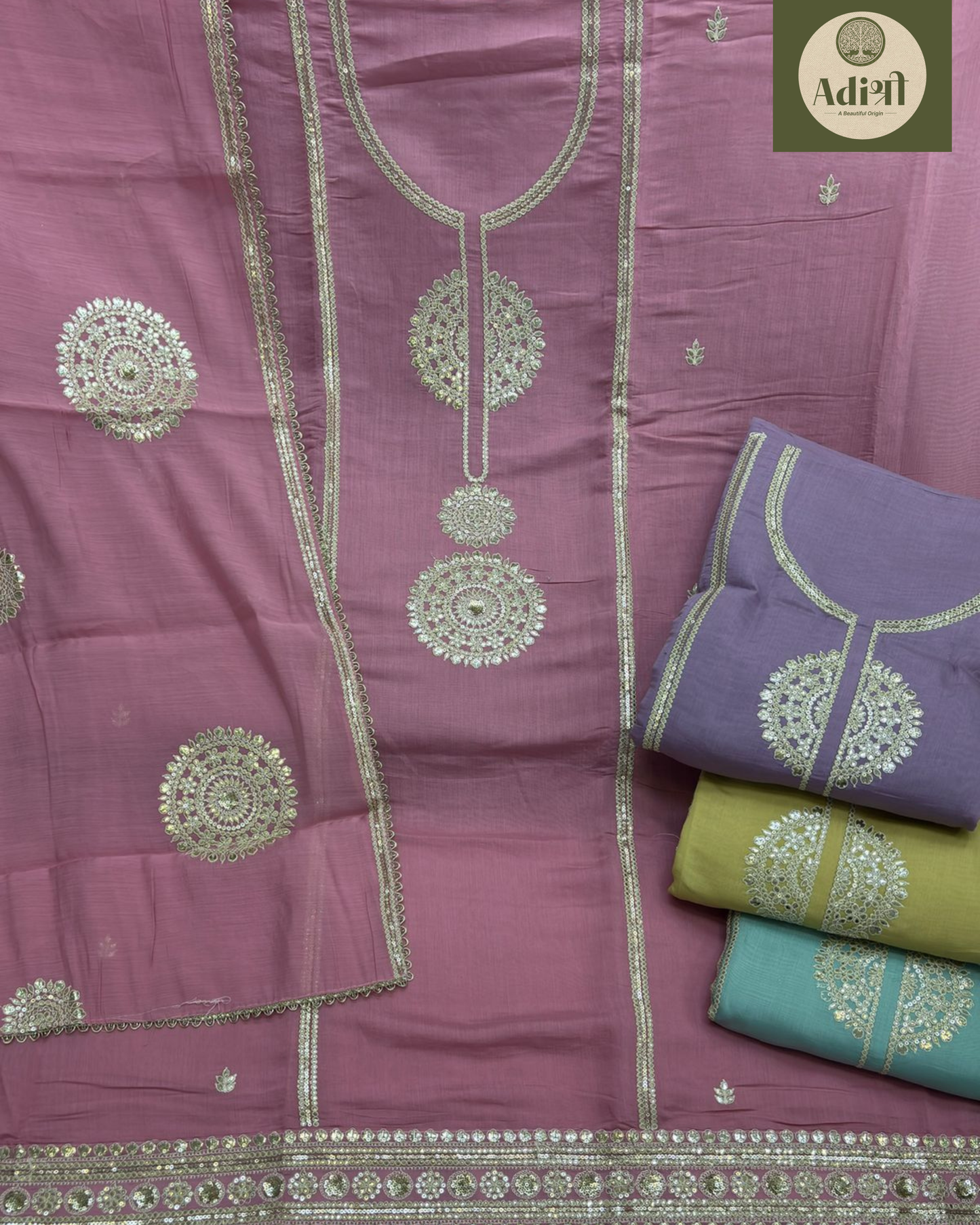 Designer Mal Chanderi Embroidered 3-Piece Suit Set (Mehndi Green)